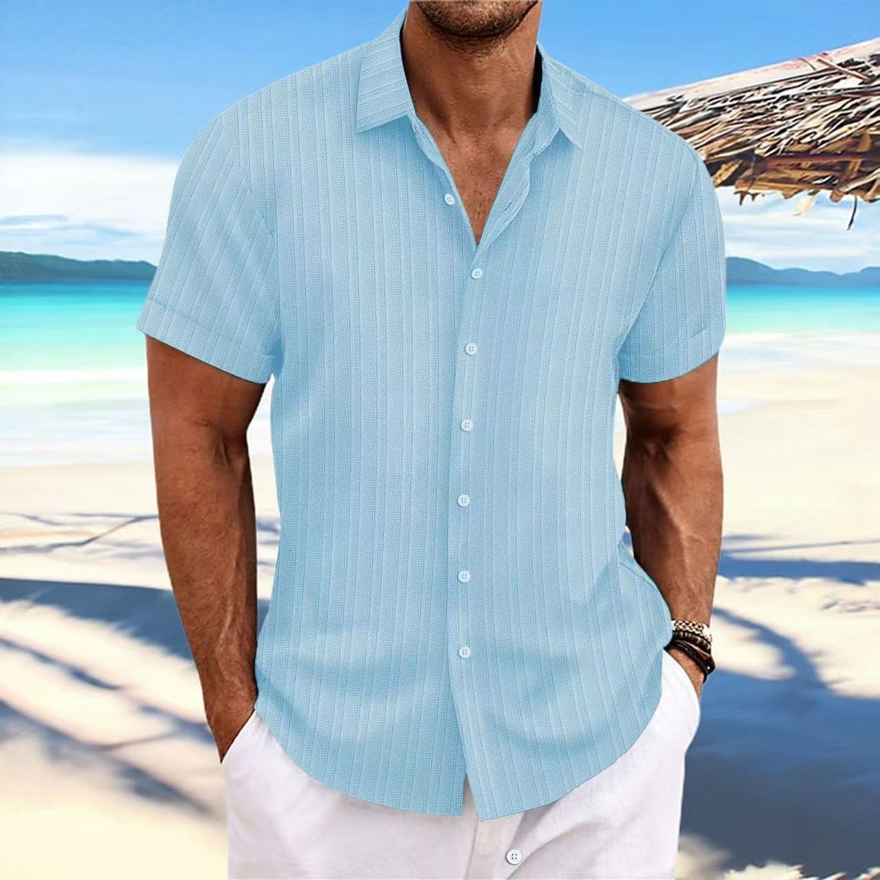 Chemise Homme Lin Rayée Manches Courtes – Style Britannique, Respirante, Été