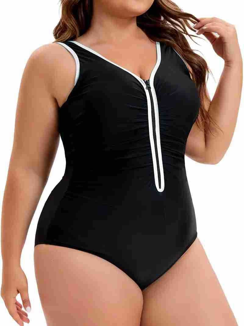 Maillot de Bain Une Pièce Grande Taille Bicolore – Fermeture Éclair, Gainant