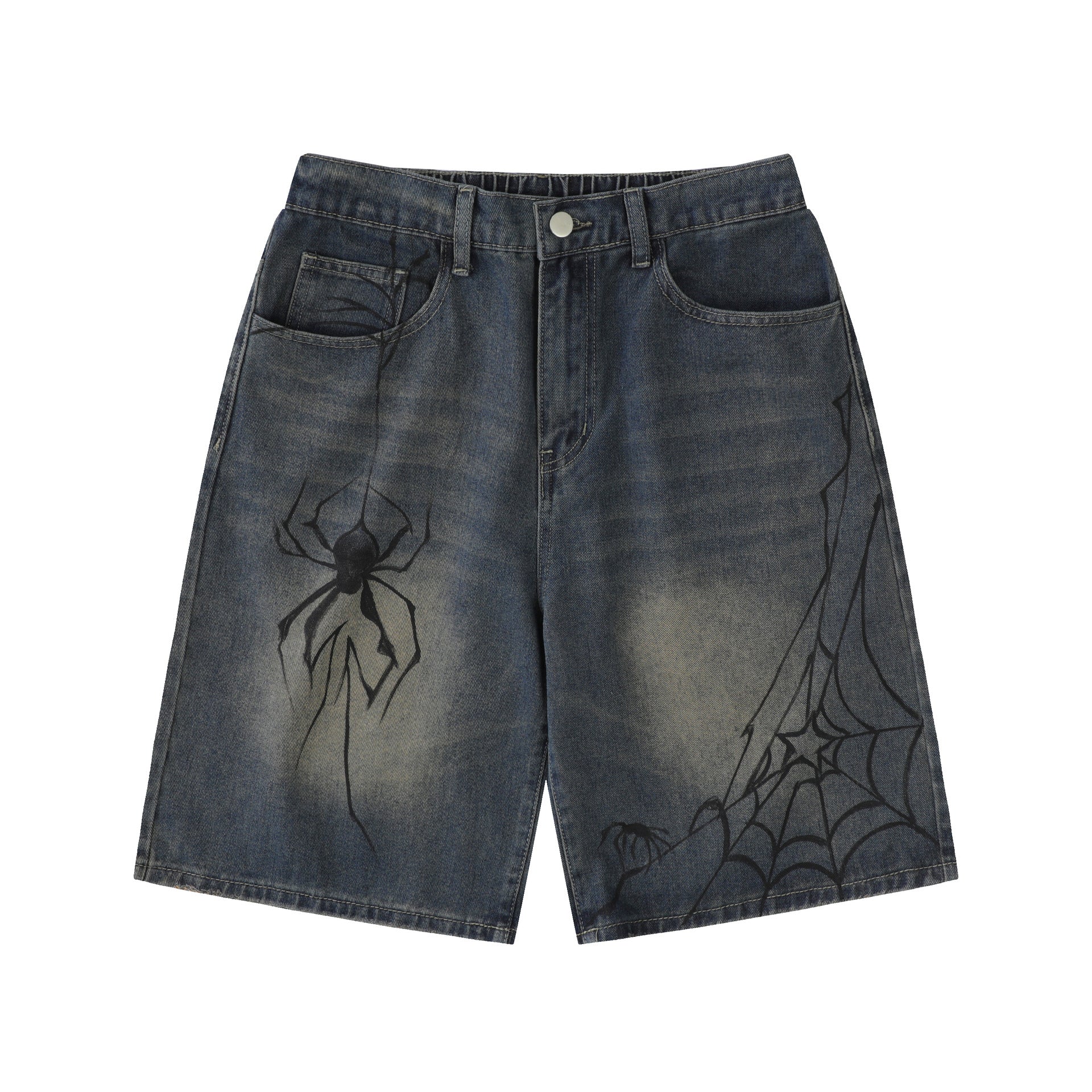Cross-Border Popular Source | Hand-Painted Spider Denim Shorts Men's Summer Loose Retro Distressed Blue Straight-Leg Trousers