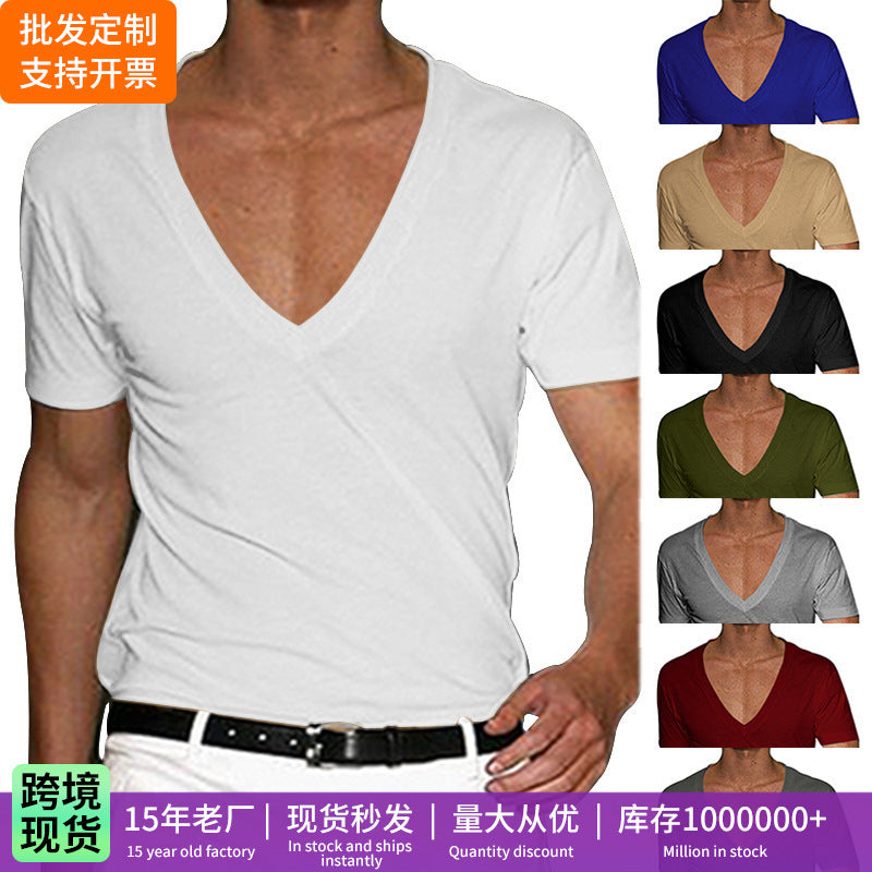 2025 Independent Station European and American Men's Short-Sleeved V Neck T-Shirt Amazon Men's Slim Pure Color Casual T-Shirt Short-Sleeved Men