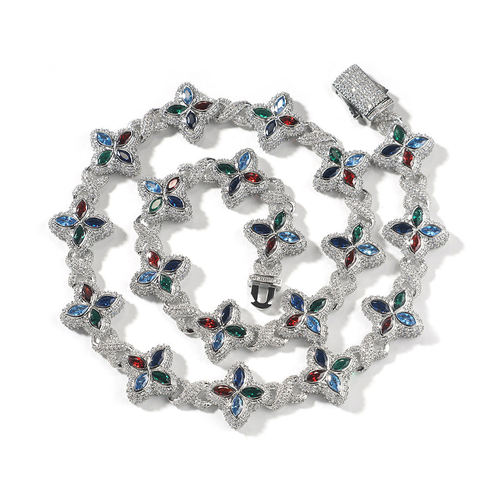 Hip-Hop Rap Chain Infinite Four-Leaf Clover Bracelet Fashionable Trendy Cool Handsome High-End 5A Zircon Colorful Necklace Jewelry