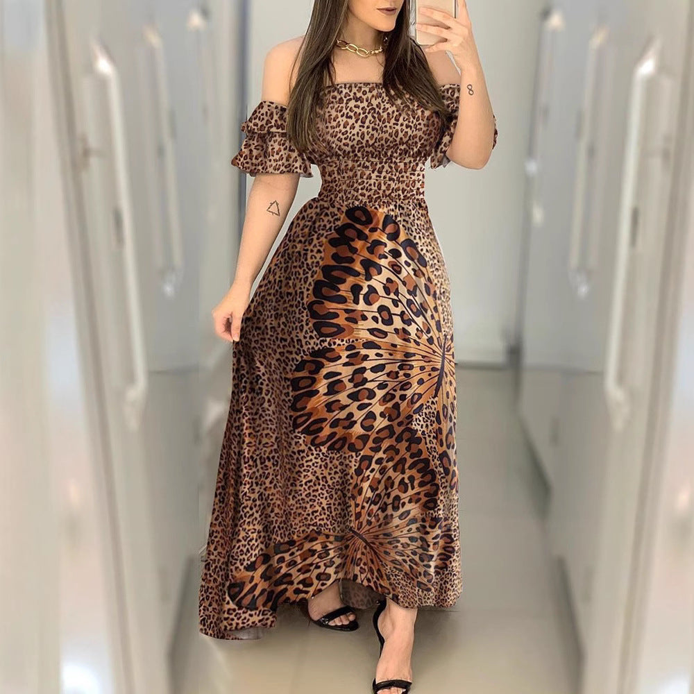 European and American dress off-shoulder wrapped chest butterfly printed waist large pendulum evening dress lotus leaf sleeve Amazon dress wholesale
