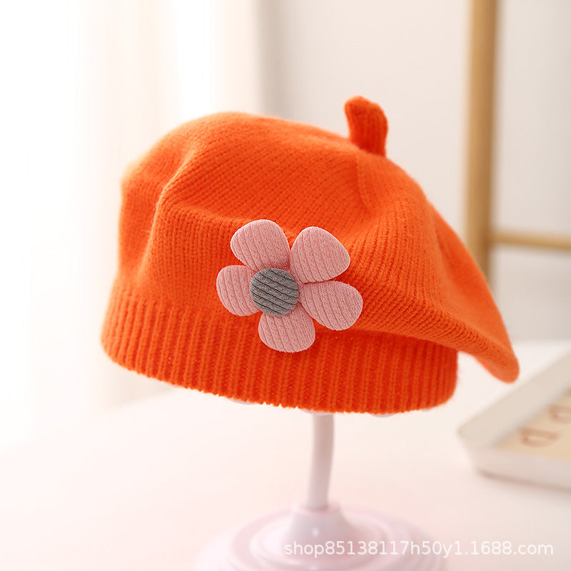 Baby hat autumn and winter baby girls' cute flower beret children's wool hat girls' knitted painter hat fashion