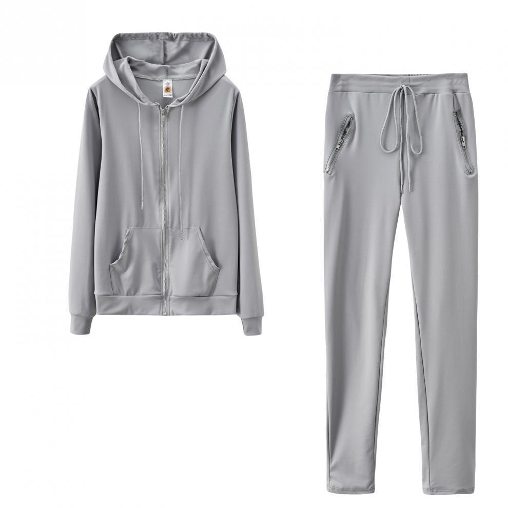 2024 cross-border autumn and winter European and American women's fashion sports leisure solid color suit personality zipper pocket two-piece set