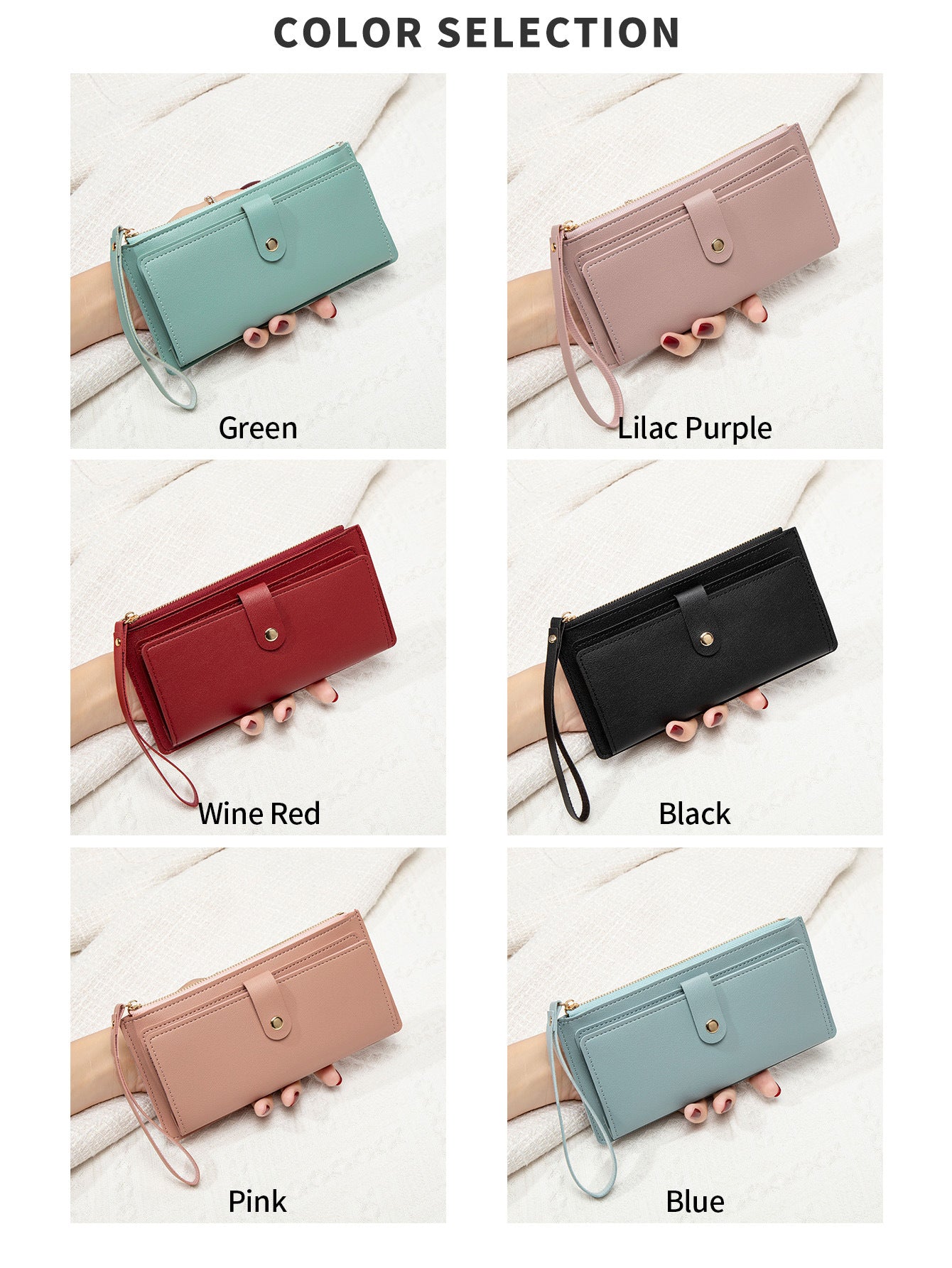 New Multifunctional Ultra-thin Women's Long Wallet Fashionable Folding Zipper Buckle Clutch Solid Color Portable Coin Purse