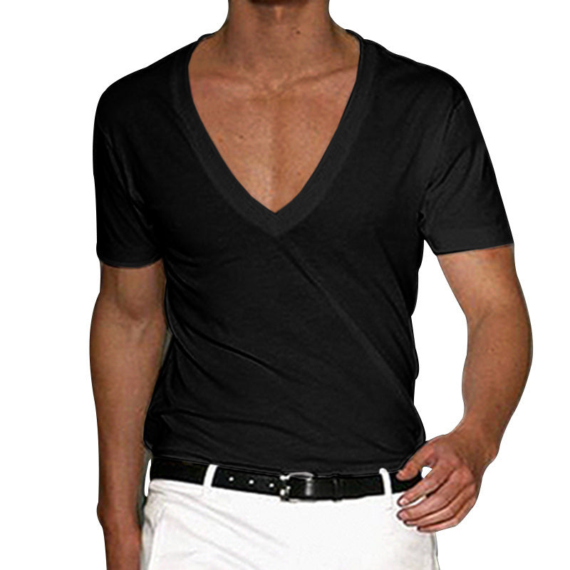 2025 Independent Station European and American Men's Short-Sleeved V Neck T-Shirt Amazon Men's Slim Pure Color Casual T-Shirt Short-Sleeved Men