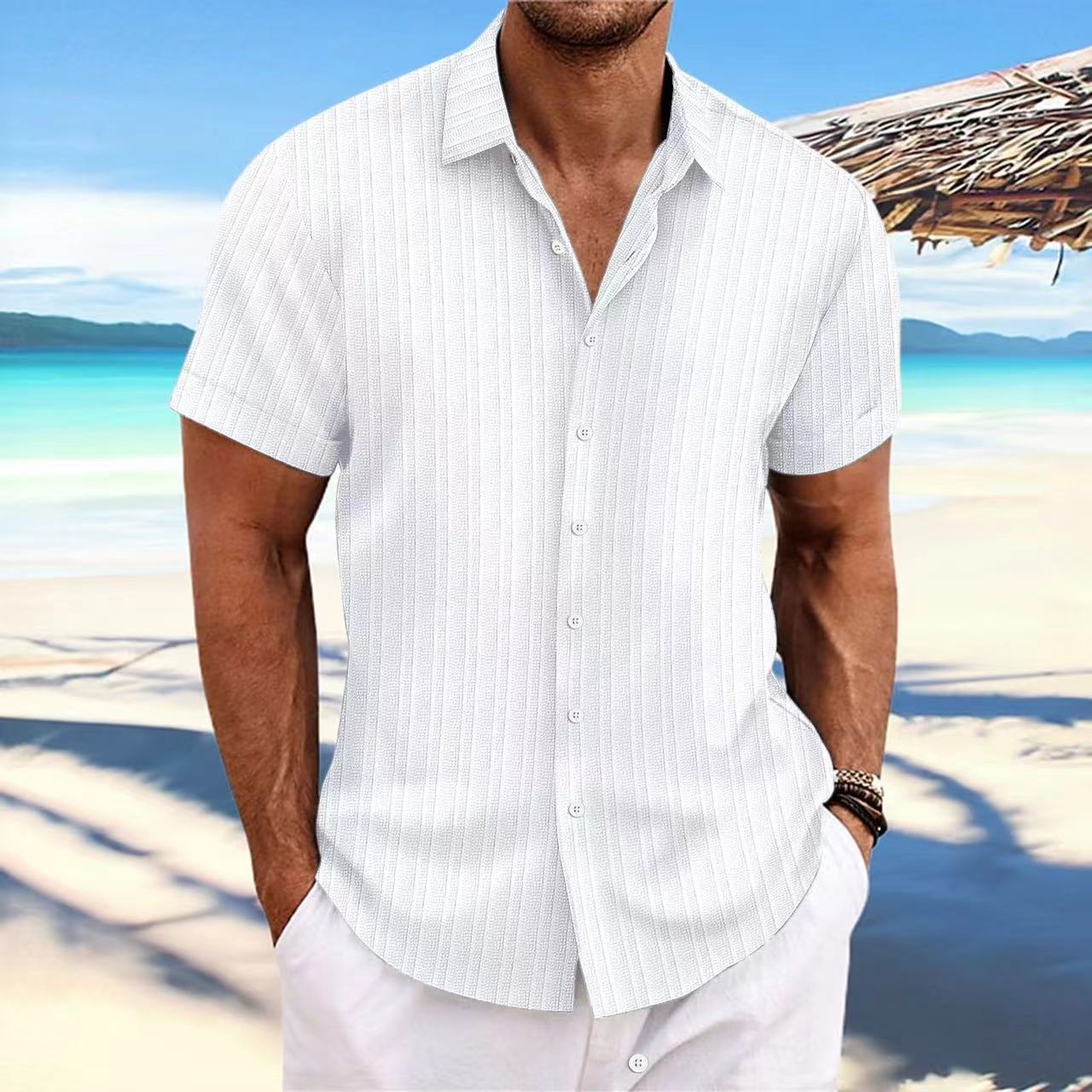 Chemise Homme Lin Rayée Manches Courtes – Casual, Respirante, Style Britannique