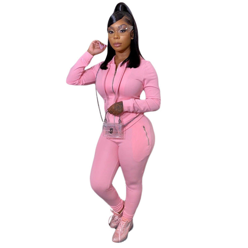2024 cross-border autumn and winter European and American women's fashion sports leisure solid color suit personality zipper pocket two-piece set