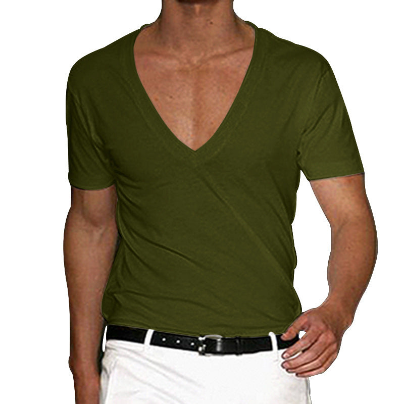 2025 Independent Station European and American Men's Short-Sleeved V Neck T-Shirt Amazon Men's Slim Pure Color Casual T-Shirt Short-Sleeved Men