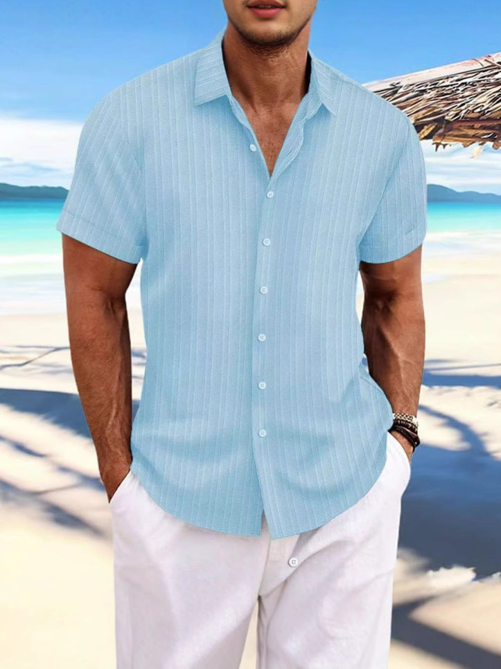 Chemise Homme Lin Rayée Manches Courtes – Style Britannique, Respirante, Été