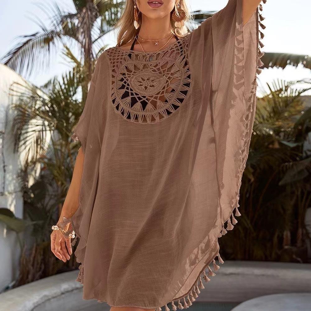 Cross-border new holiday hook solid color stitching European and American beach skirt small tassel sunscreen short sexy beach blouse
