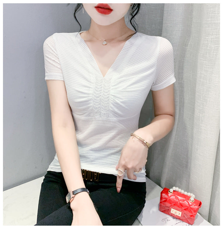 European 2024 Summer New Design Niche V-neck Bead Short-sleeved T-shirt Women's Slim-fit All-match Ins Top