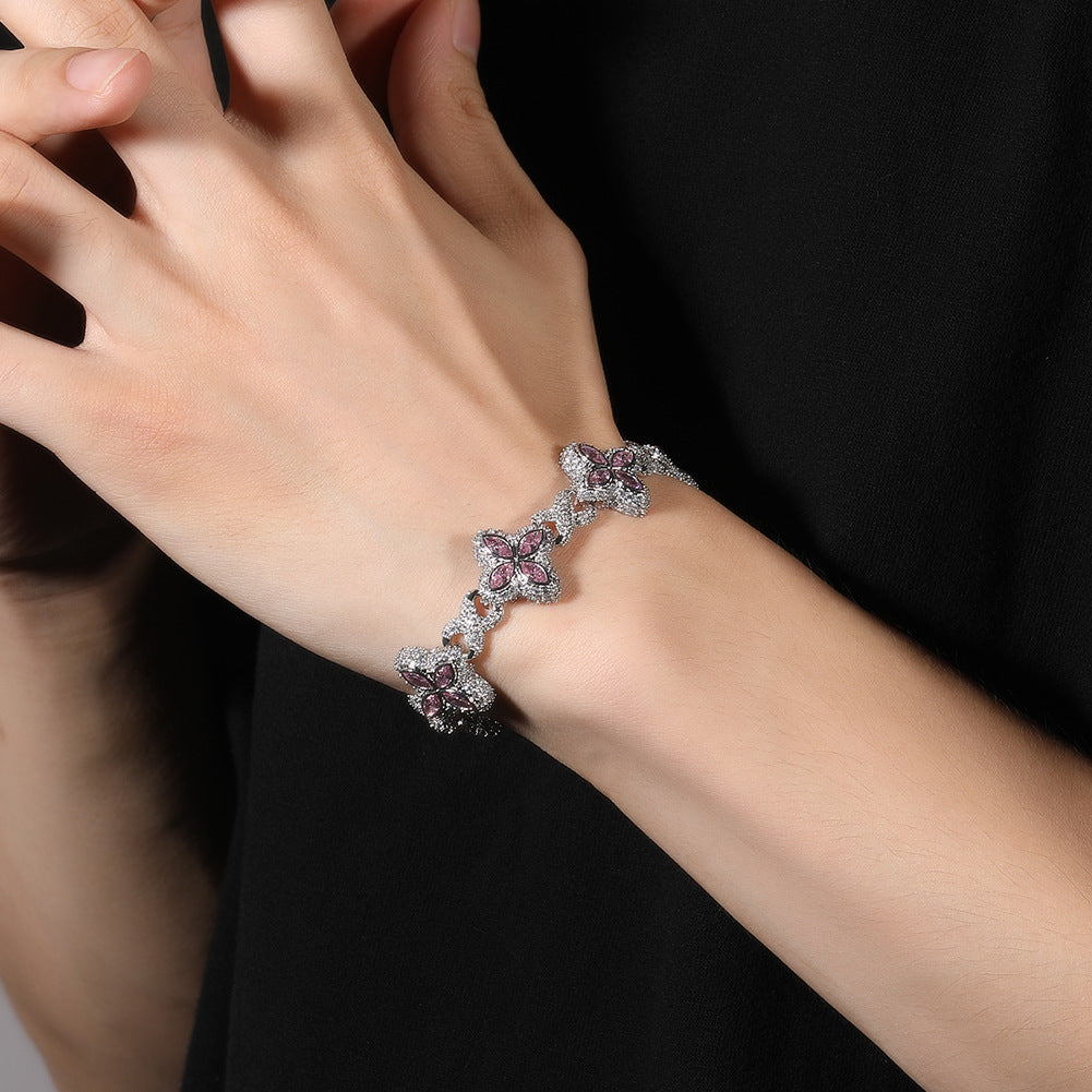 Hip-Hop Rap Chain Infinite Four-Leaf Clover Bracelet Fashionable Trendy Cool Handsome High-End 5A Zircon Colorful Necklace Jewelry