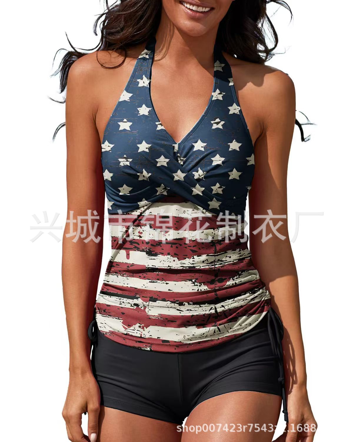 Cross-Border European and American Women's Fashionable High-End Two-Piece Split Hot Spring Resort Swimsuit with Drawstring Swimsuit with Boxer Angle
