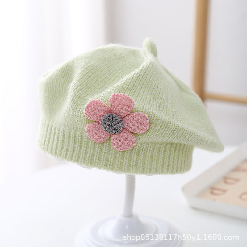 Baby hat autumn and winter baby girls' cute flower beret children's wool hat girls' knitted painter hat fashion