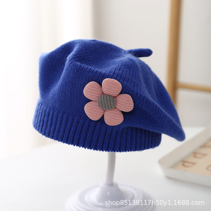 Baby hat autumn and winter baby girls' cute flower beret children's wool hat girls' knitted painter hat fashion