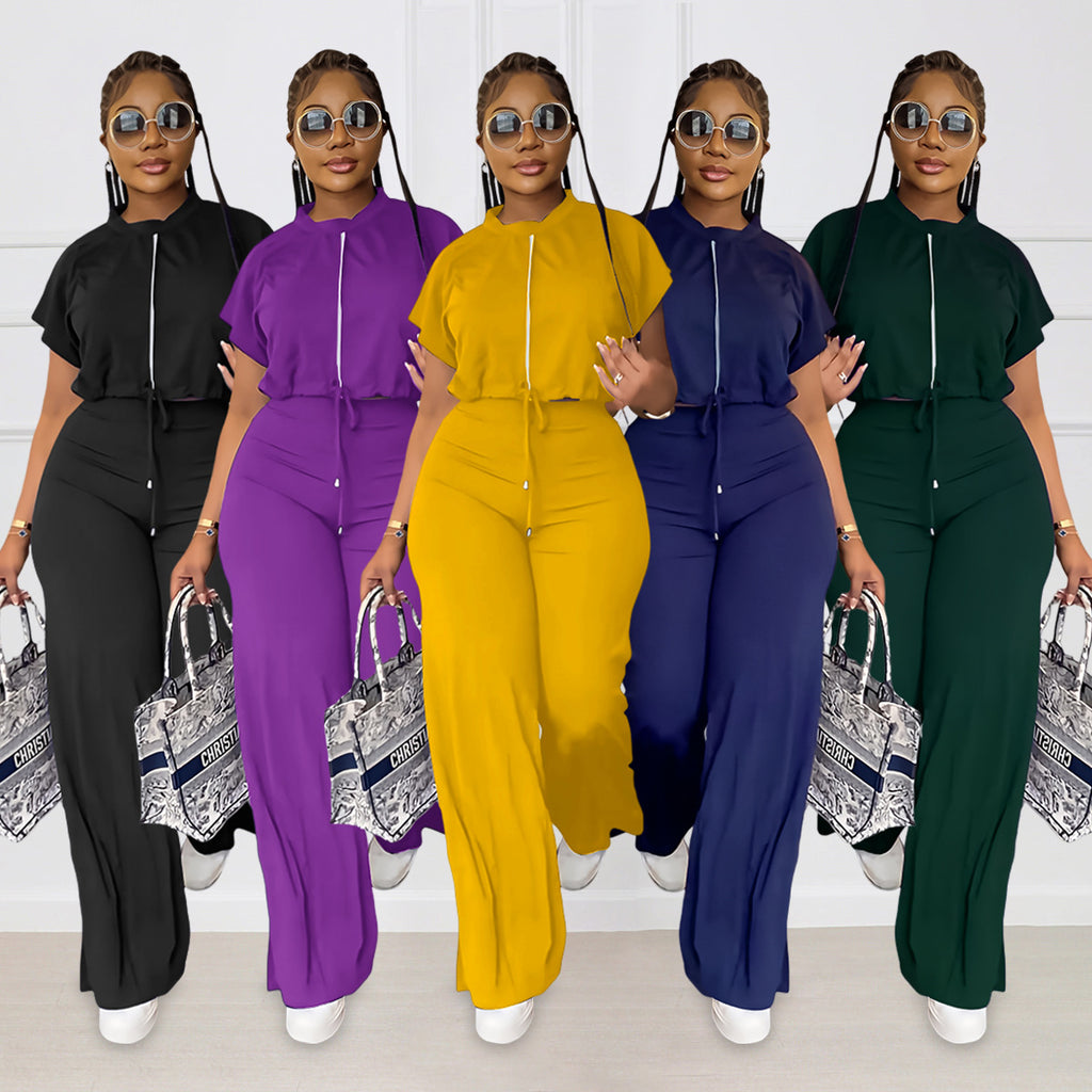 Ensemble Deux Pièces Femme – Top Cordon & Pantalon Taille Haute Fendu, Été