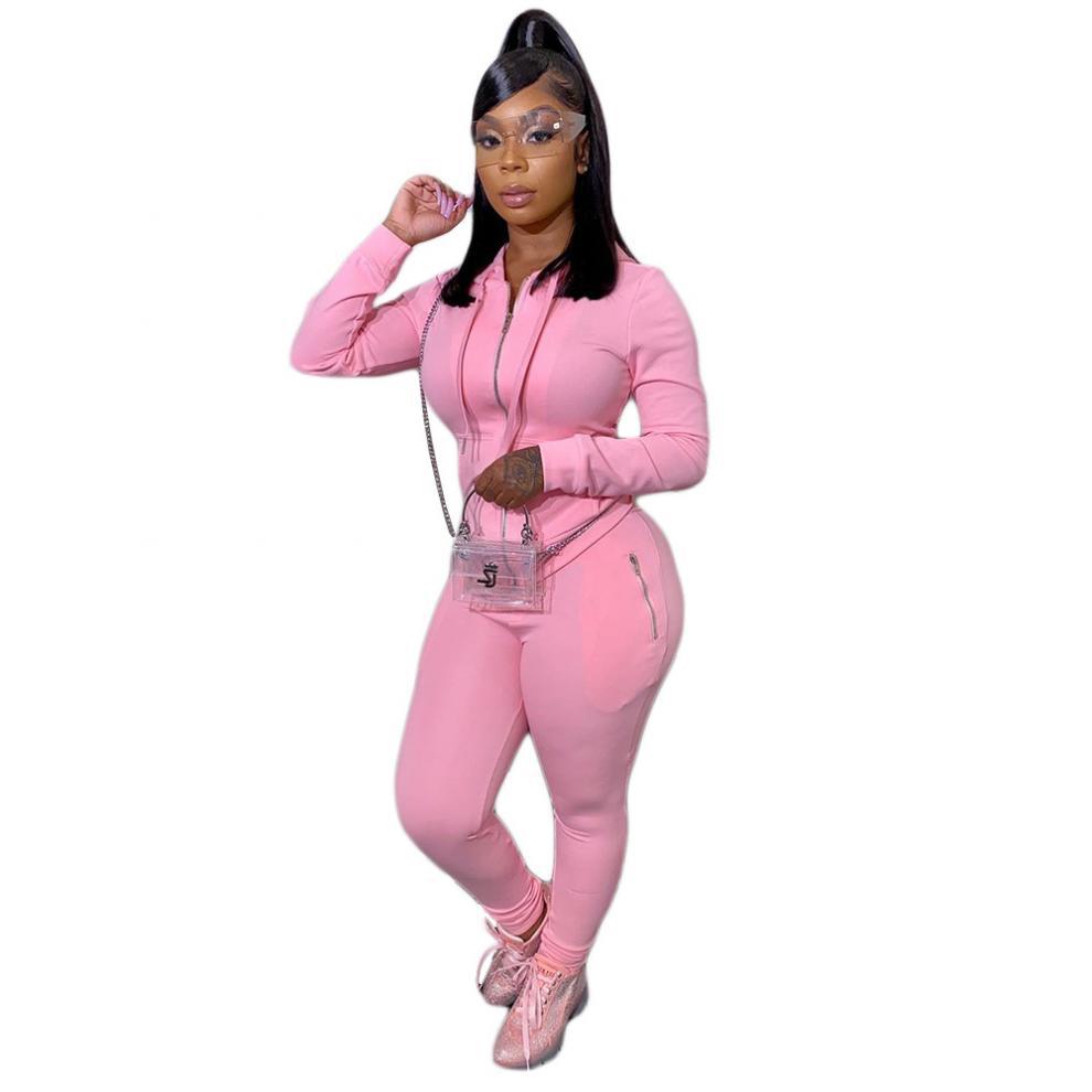 2024 cross-border autumn and winter European and American women's fashion sports leisure solid color suit personality zipper pocket two-piece set