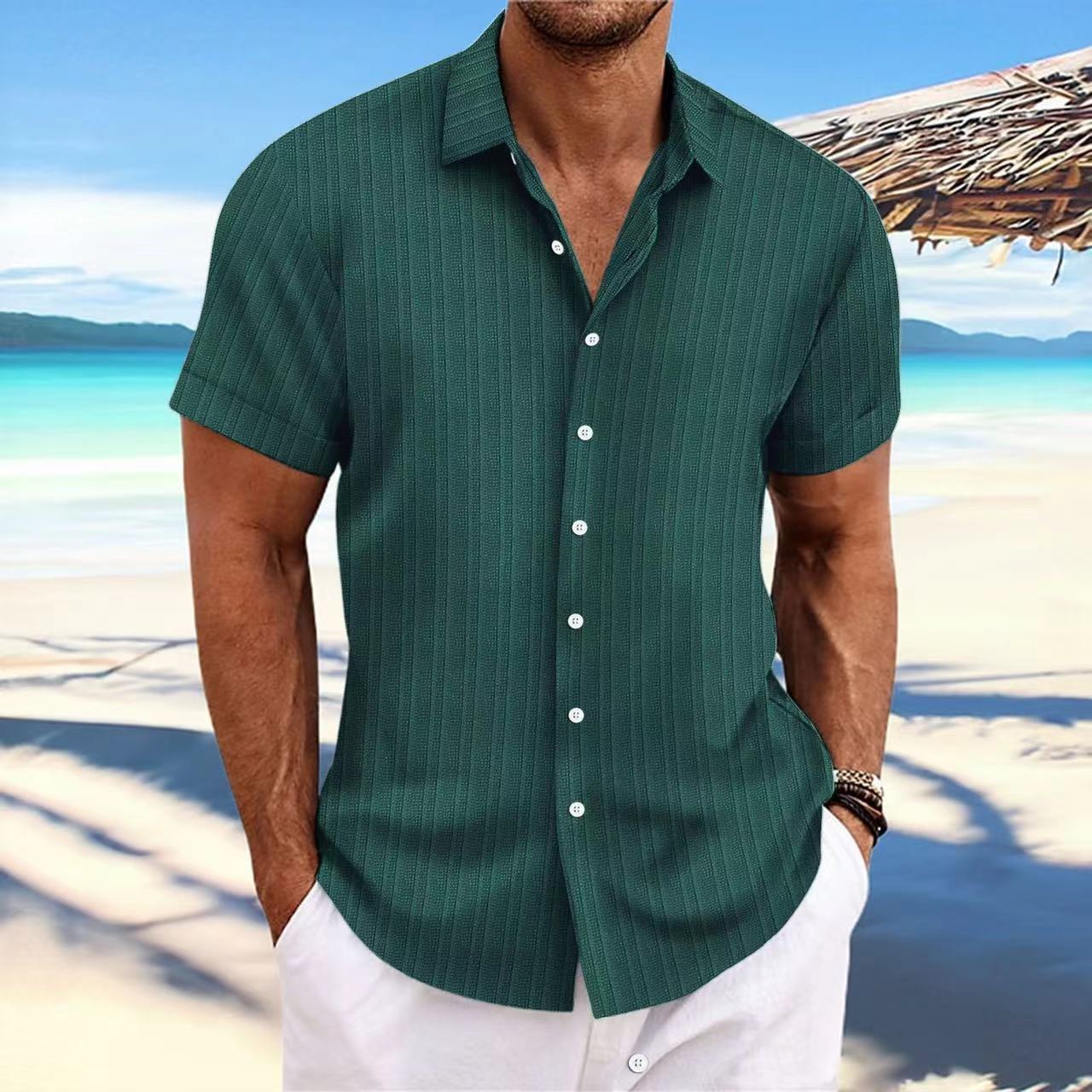 Chemise Homme Lin Rayée Manches Courtes – Style Britannique, Respirante, Été