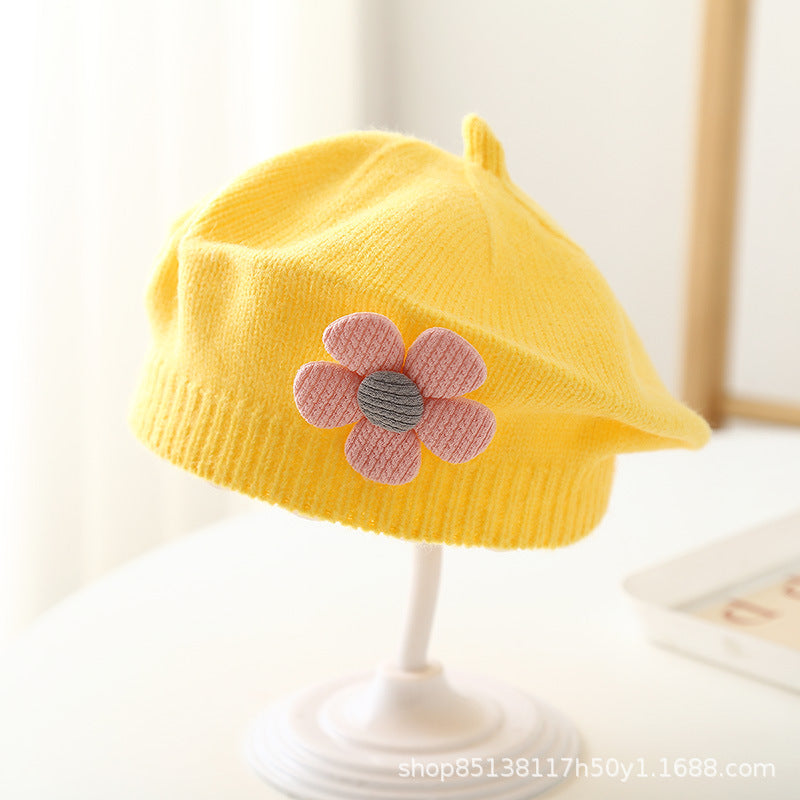 Baby hat autumn and winter baby girls' cute flower beret children's wool hat girls' knitted painter hat fashion