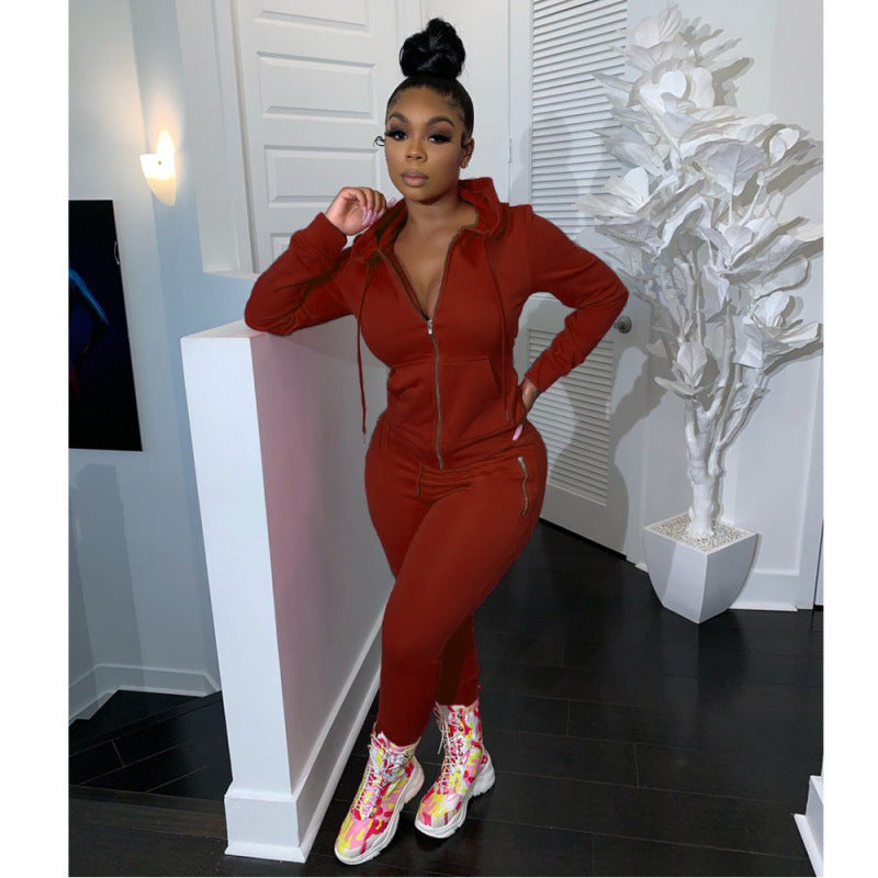2024 cross-border autumn and winter European and American women's fashion sports leisure solid color suit personality zipper pocket two-piece set
