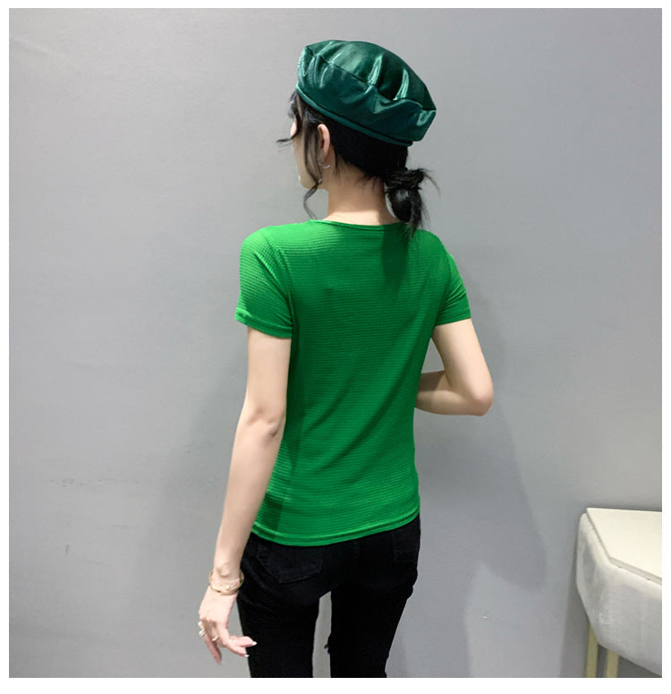 European 2024 Summer New Design Niche V-neck Bead Short-sleeved T-shirt Women's Slim-fit All-match Ins Top