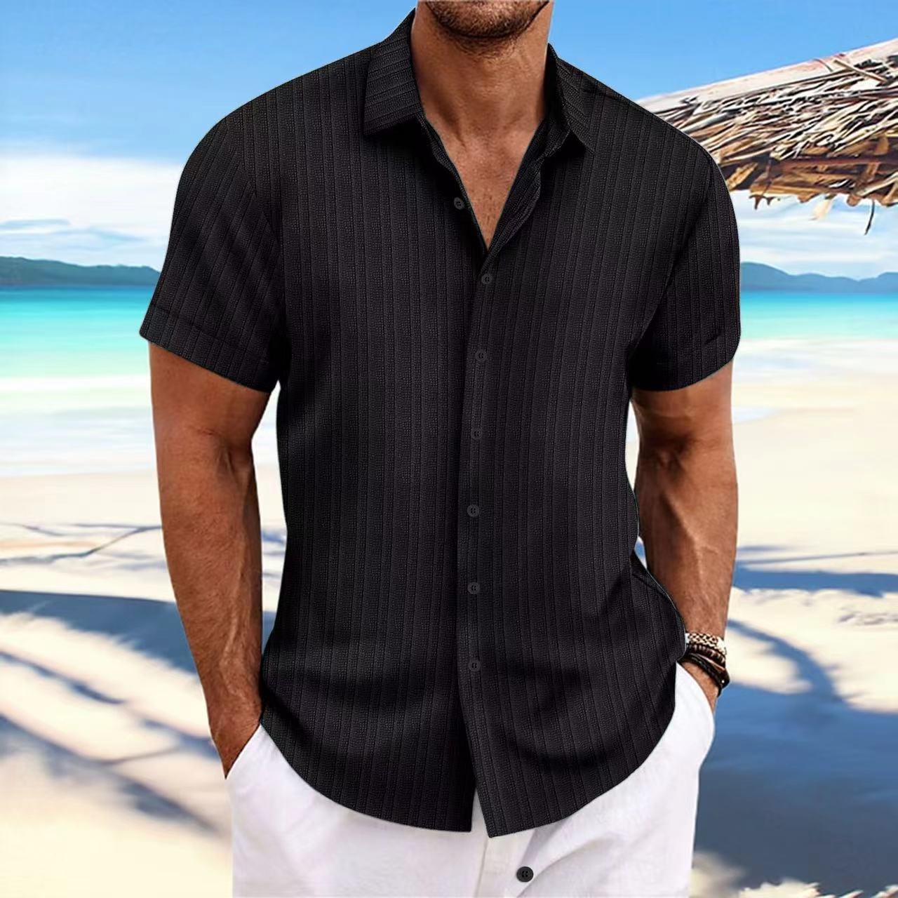 Chemise Homme Lin Rayée Manches Courtes – Style Britannique, Respirante, Été