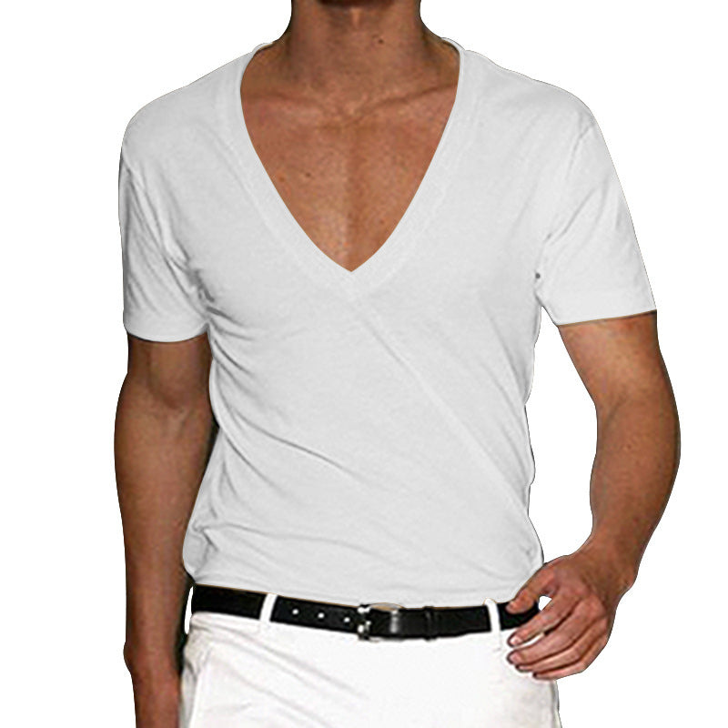 2025 Independent Station European and American Men's Short-Sleeved V Neck T-Shirt Amazon Men's Slim Pure Color Casual T-Shirt Short-Sleeved Men