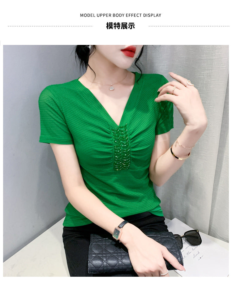 European 2024 Summer New Design Niche V-neck Bead Short-sleeved T-shirt Women's Slim-fit All-match Ins Top