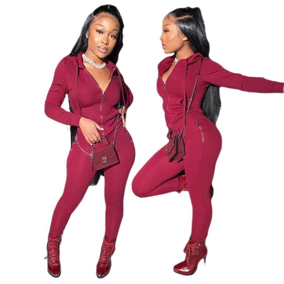 2024 cross-border autumn and winter European and American women's fashion sports leisure solid color suit personality zipper pocket two-piece set