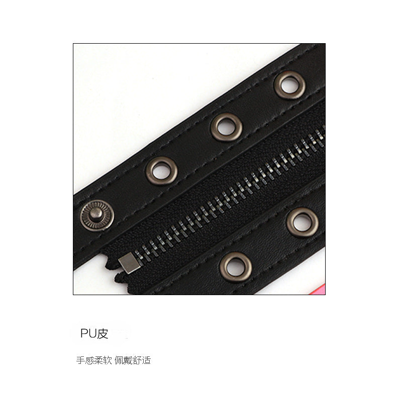 New Foreign Trade European and American Rivet Chain Punk Jewelry Cowhide Bracelet Women's Round Hole Middle Zipper Wide Leather Jewelry