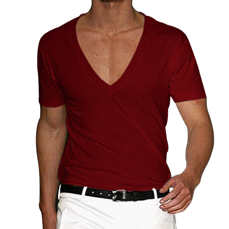 2025 Independent Station European and American Men's Short-Sleeved V Neck T-Shirt Amazon Men's Slim Pure Color Casual T-Shirt Short-Sleeved Men