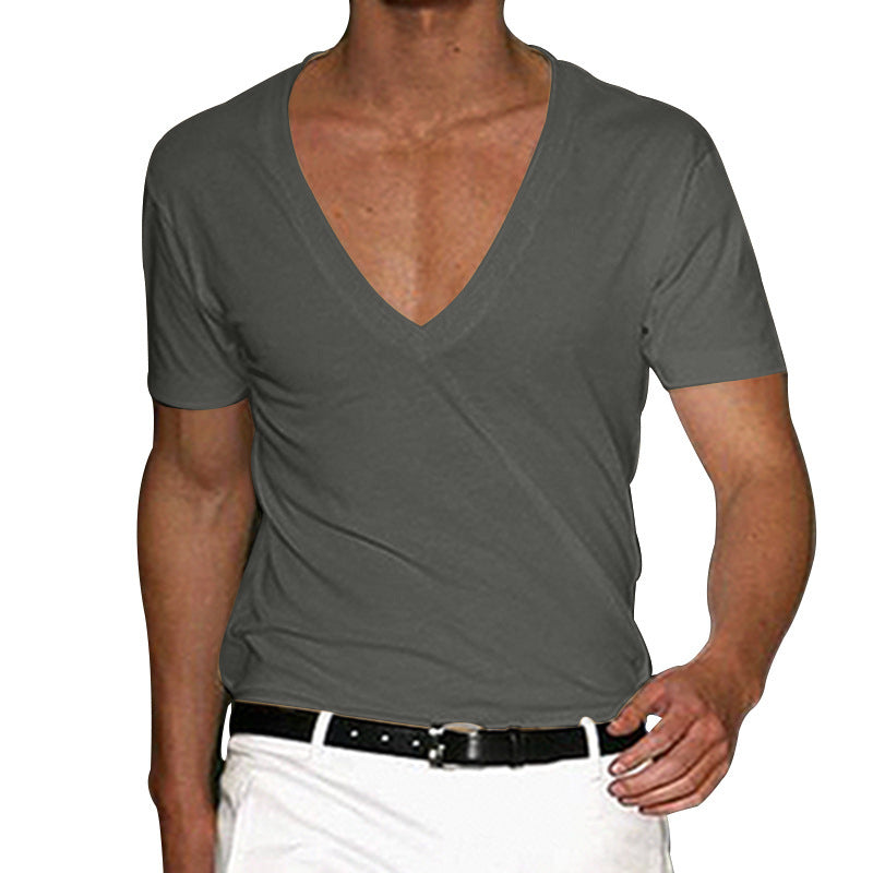 2025 Independent Station European and American Men's Short-Sleeved V Neck T-Shirt Amazon Men's Slim Pure Color Casual T-Shirt Short-Sleeved Men
