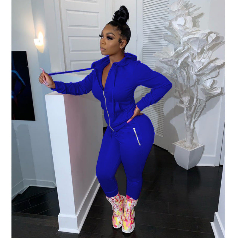 2024 cross-border autumn and winter European and American women's fashion sports leisure solid color suit personality zipper pocket two-piece set