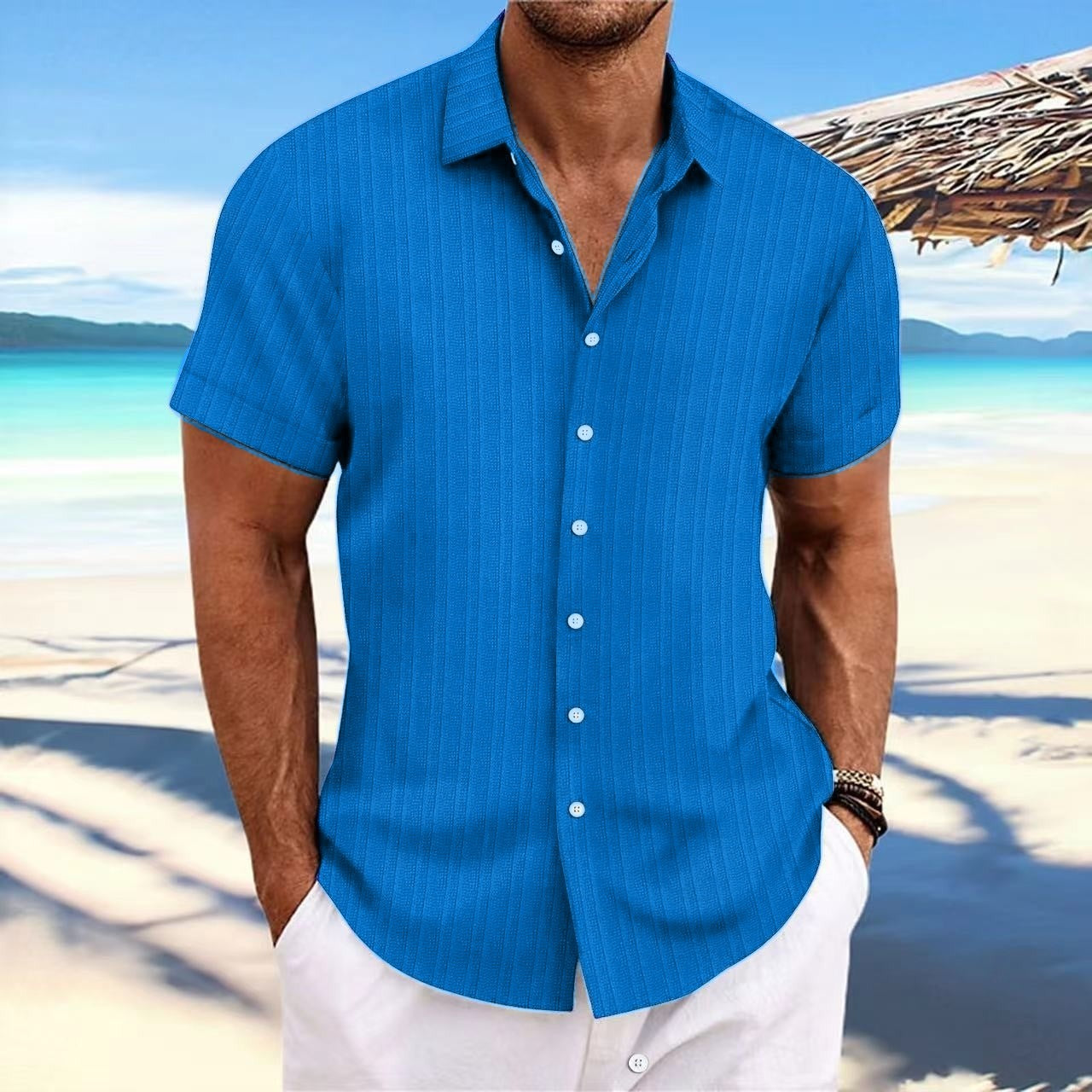 Chemise Homme Lin Rayée Manches Courtes – Casual, Respirante, Style Britannique