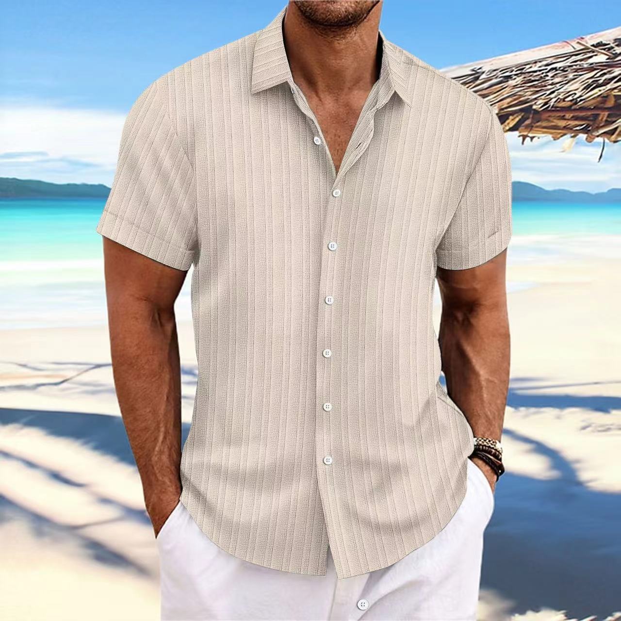 Chemise Homme Lin Rayée Manches Courtes – Casual, Respirante, Style Britannique