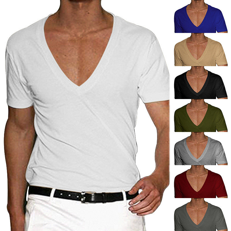2025 Independent Station European and American Men's Short-Sleeved V Neck T-Shirt Amazon Men's Slim Pure Color Casual T-Shirt Short-Sleeved Men