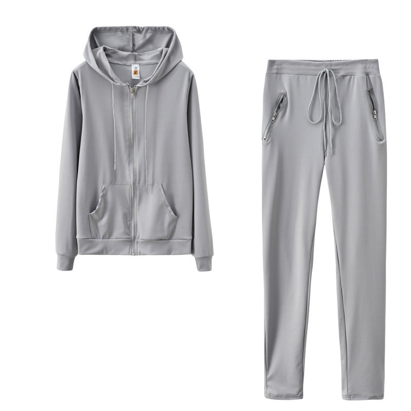 2024 cross-border autumn and winter European and American women's fashion sports leisure solid color suit personality zipper pocket two-piece set