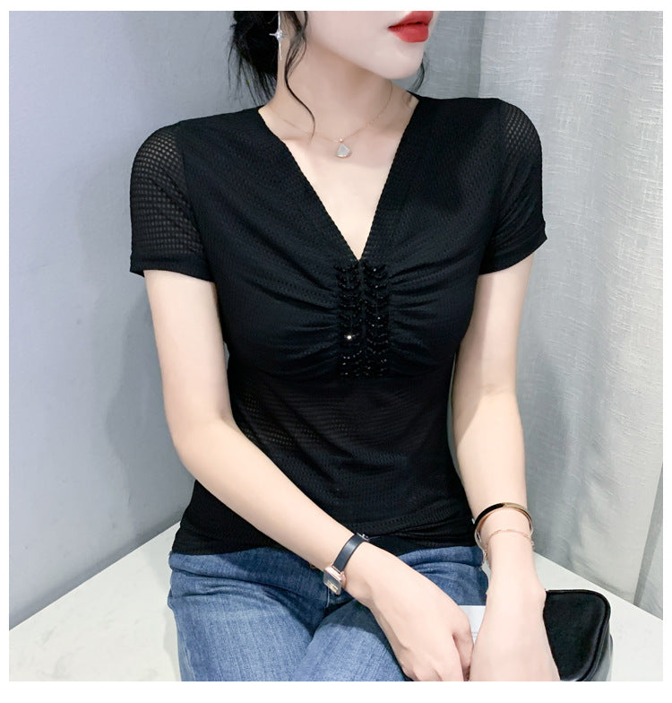 European 2024 Summer New Design Niche V-neck Bead Short-sleeved T-shirt Women's Slim-fit All-match Ins Top
