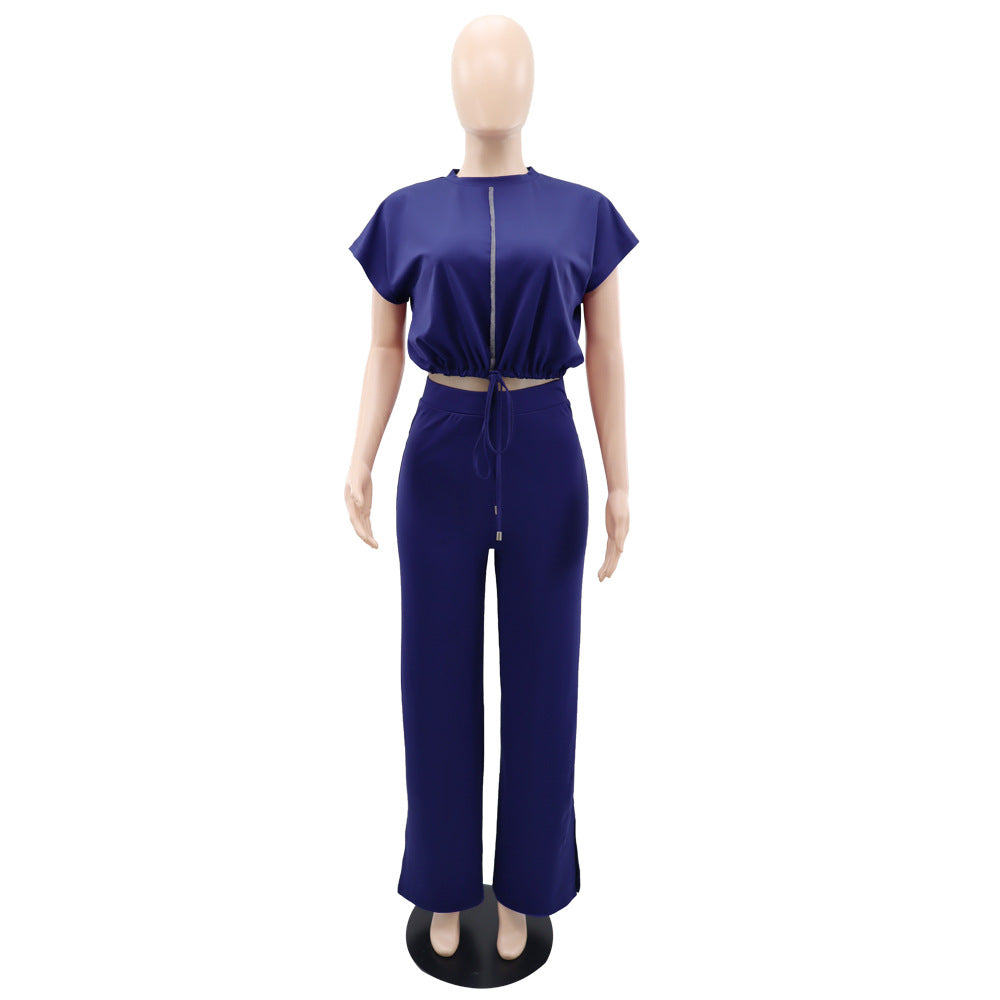 Ensemble Deux Pièces Femme – Top Cordon & Pantalon Taille Haute Fendu, Été