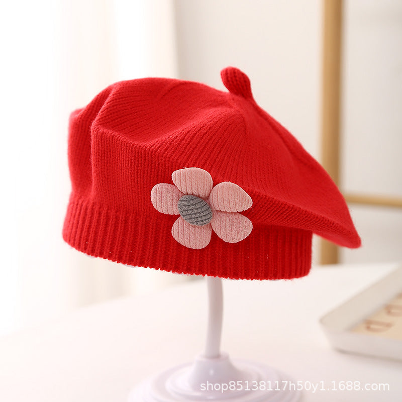 Baby hat autumn and winter baby girls' cute flower beret children's wool hat girls' knitted painter hat fashion