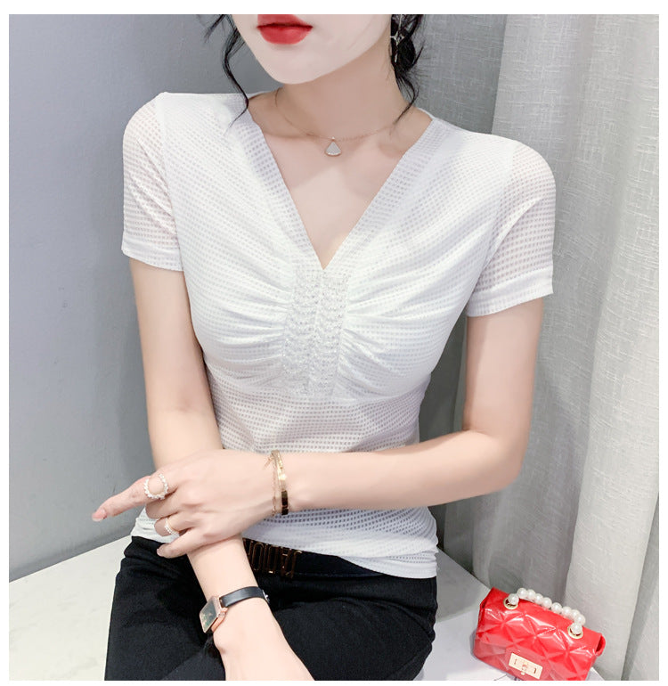 European 2024 Summer New Design Niche V-neck Bead Short-sleeved T-shirt Women's Slim-fit All-match Ins Top