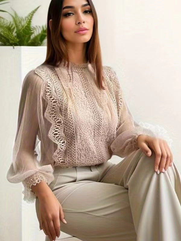 Europe, America and Russia Cross-border Foreign Trade New Elegant Solid Color Mesh Long Sleeve Puff Sleeve Crewneck Top Women's Lace Shirt