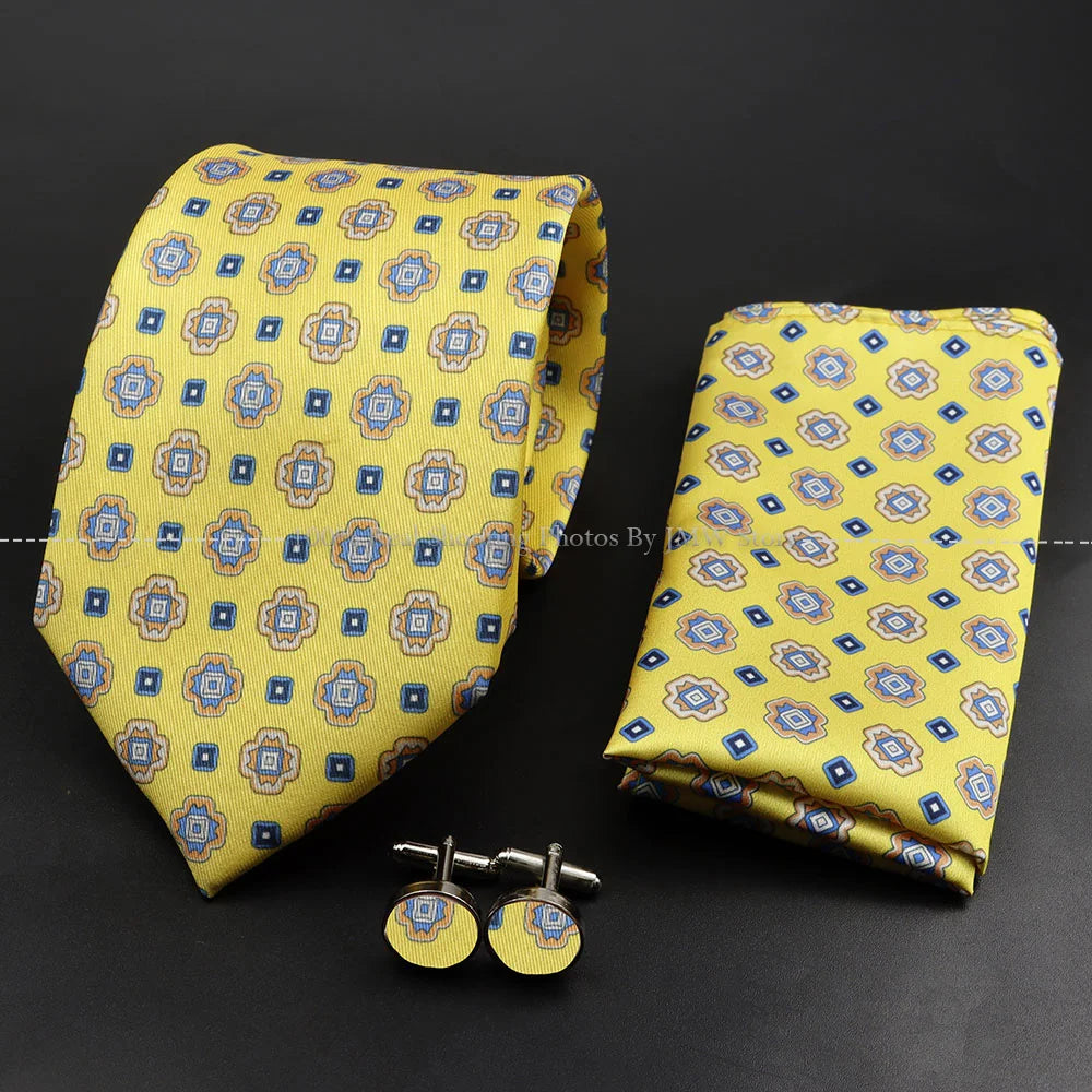 Men's 7.5cm Soft Silk Tie Set With Pocket Square Cufflinks Boutonniere Blue Green Orange Dot Floral Neckwear For Wedding Busines