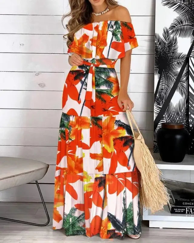 Pop 2022 New Fashion Leopard Robe Print Long Dress Ruffle Maxi Sundress Bohemian Women Summer Sexy Casual Elegant Strapless Vest