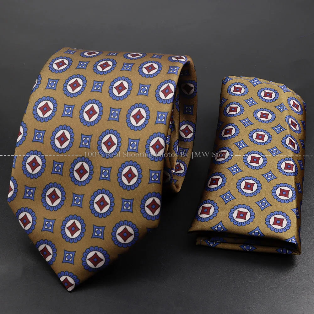 Men's 7.5cm Soft Silk Tie Set With Pocket Square Cufflinks Boutonniere Blue Green Orange Dot Floral Neckwear For Wedding Busines