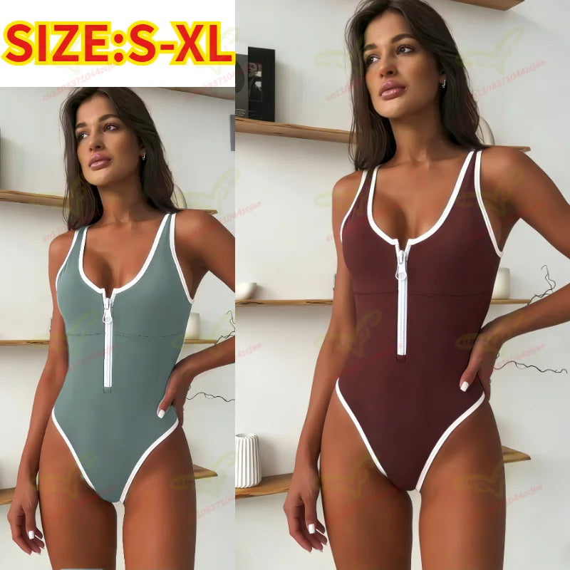 New Fashion Women's One-Piece Swimsuit, Solid Color High Waist Sleeveless Zipper Swimwear for European and American Market