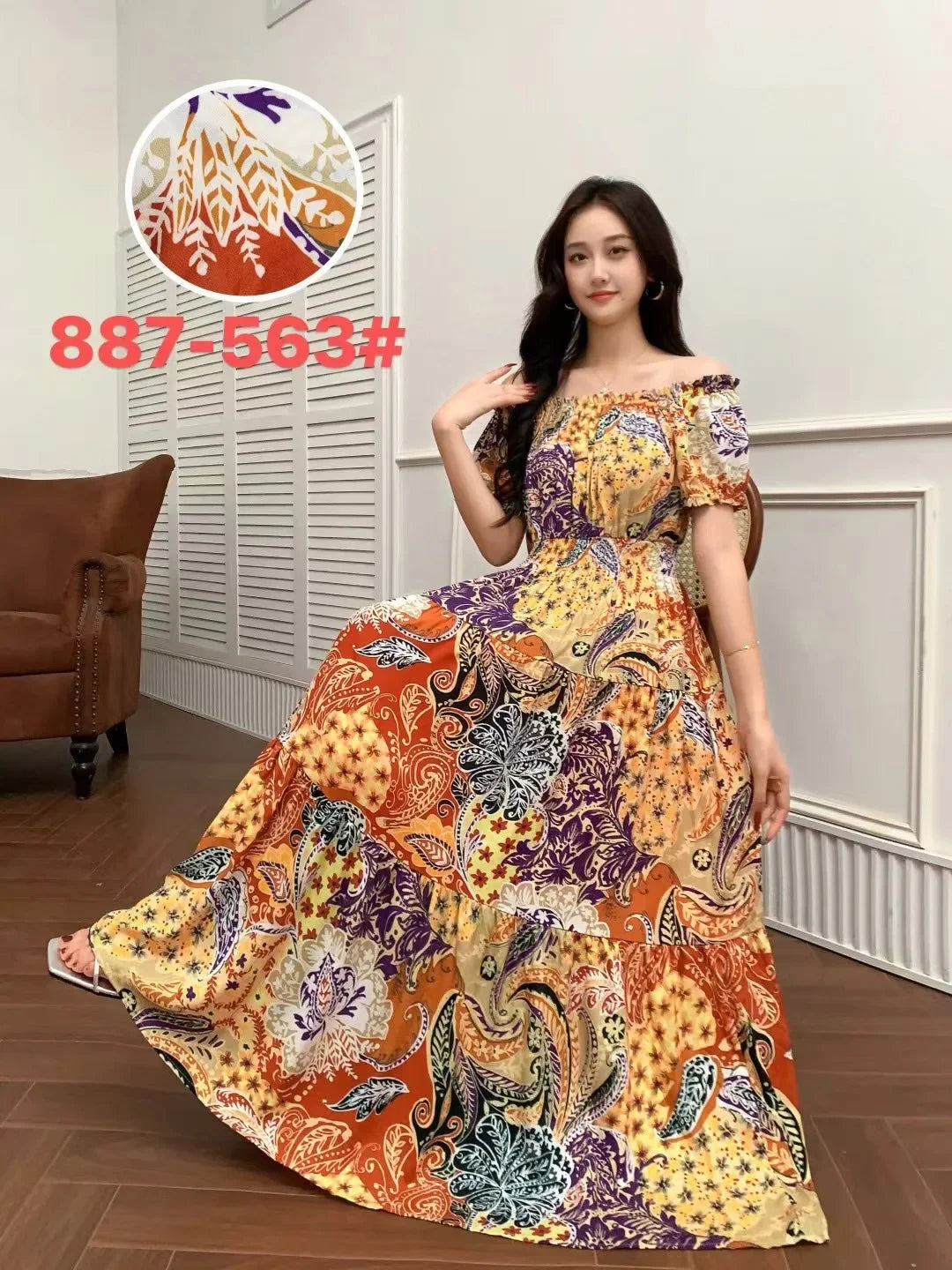 Sexy Slash Neck Long Dress Women Summer Indian Clothes Bohemian Cotton Print Floral Boho Korean Fashion Style Casual Big Skirt