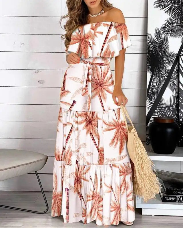 Pop 2022 New Fashion Leopard Robe Print Long Dress Ruffle Maxi Sundress Bohemian Women Summer Sexy Casual Elegant Strapless Vest