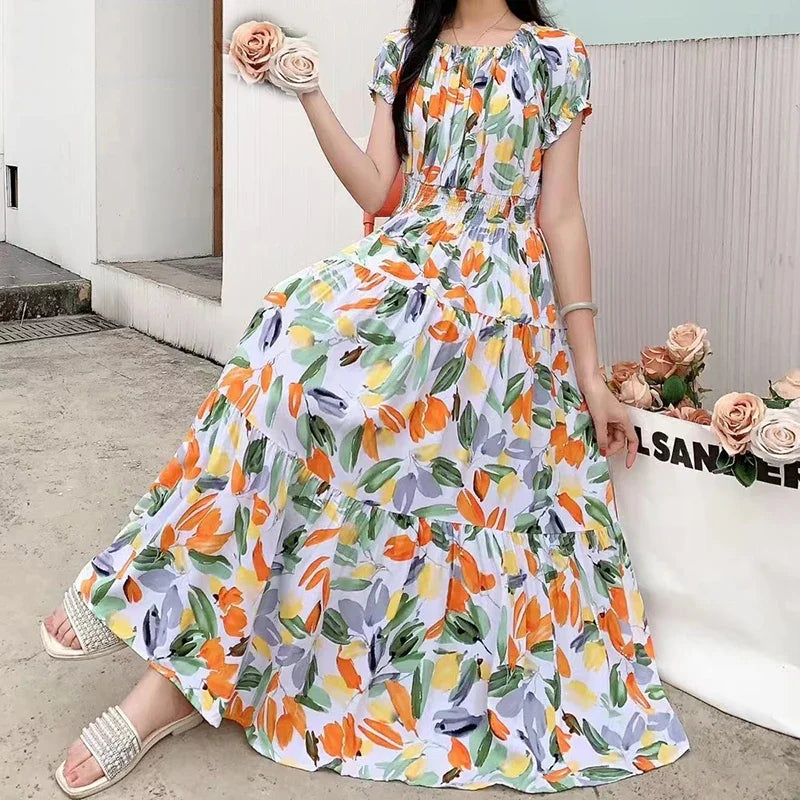 Sexy Slash Neck Long Dress Women Summer Indian Clothes Bohemian Cotton Print Floral Boho Korean Fashion Style Casual Big Skirt